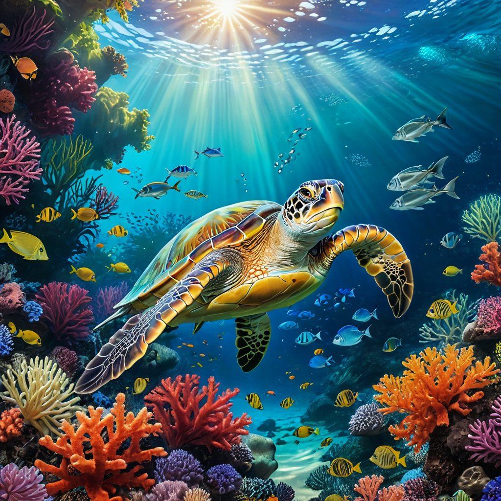 A vibrant underwater scene featuring a diverse array of marine life, including colorful coral reefs, schools of fish, and a curious sea turtle exploring the coastal ecology. Above water, depict a serene beach with gentle waves and coastal plants framing the scene. The sunlight filters through the water creating a magical glow. super-realistic. vibrant colors. 3D.
