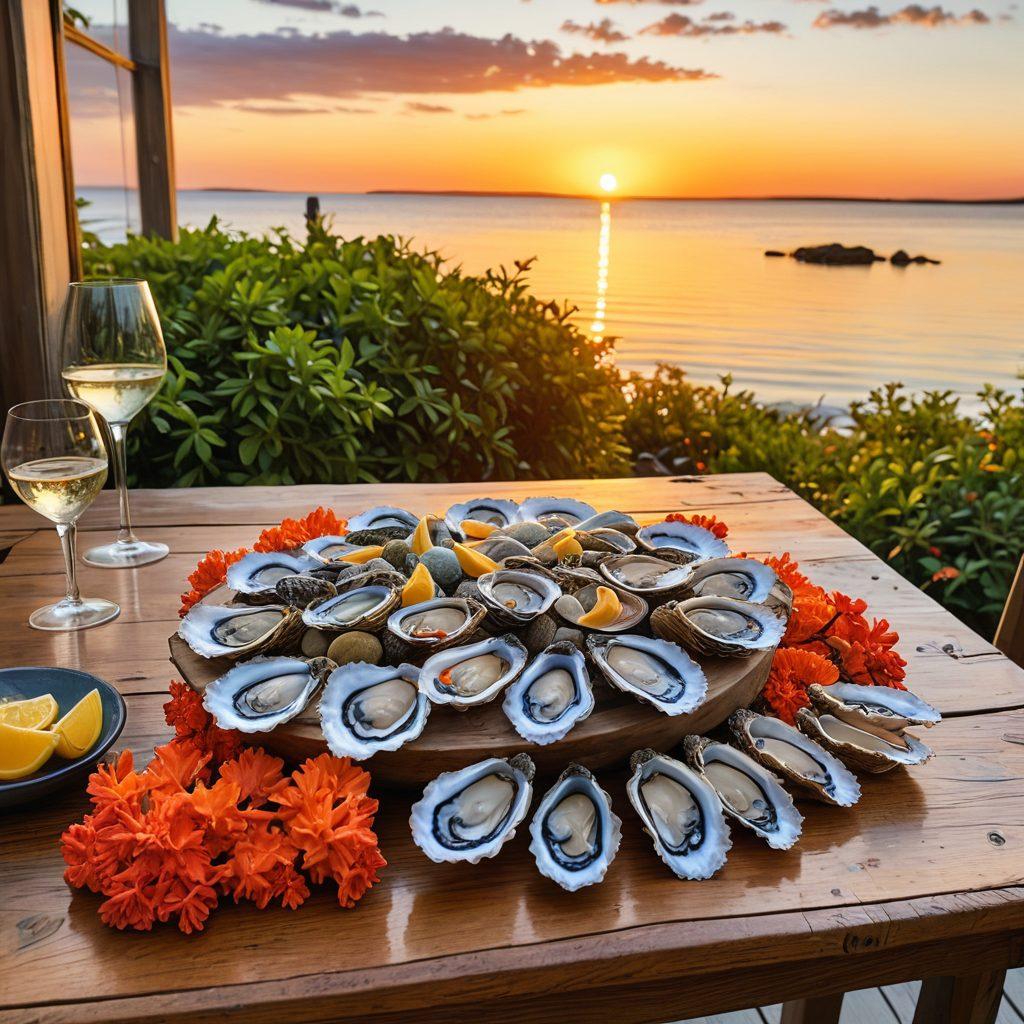 A picturesque coastal scene highlighting Oyster Bay, featuring vibrant marine life swimming amidst colorful coral reefs. In the foreground, a variety of shellfish, including oysters, clams, and scallops, are artistically arranged on a wooden table. The sun sets in the background, casting warm hues over the water, while seagulls dot the sky. Lush greenery surrounds the bay, embodying the essence of a rich marine ecosystem. super-realistic. vibrant colors. peaceful atmosphere.