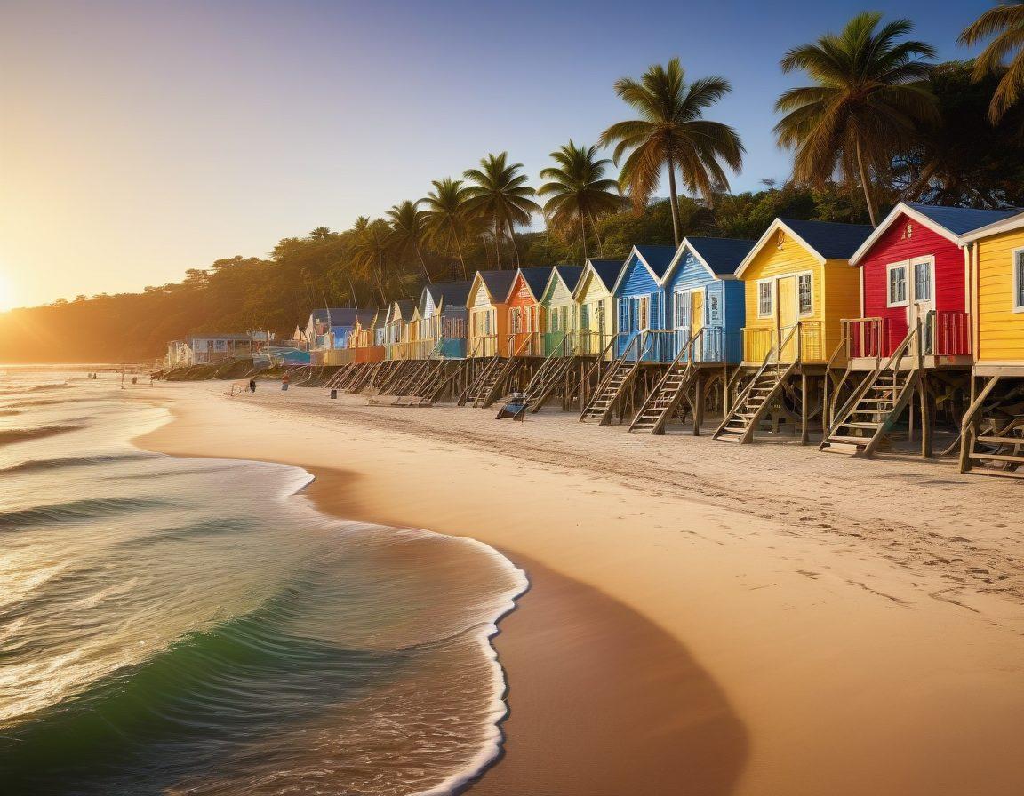 A tranquil seaside scene showcasing the vibrant lifestyle of Oyster Bay, featuring colorful beach huts, locals enjoying water sports, and a lively community market by the shore. Include palm trees swaying gently in the breeze and a sunset casting golden hues over the ocean. Capture the essence of joy and community spirit in this waterfront paradise. super-realistic. vibrant colors. 3D.